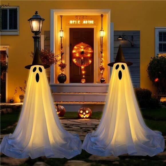 Outdoor Halloween Decorations 2 Pack Light-Up Ghost Decor with Adjustable Height